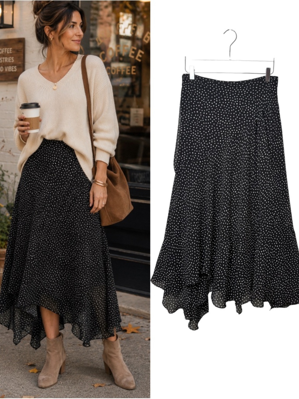 CAbi Sinatra Polka Dot Asymmetrical Handkerchief Hem Women’s Midi Skirt Sz 8